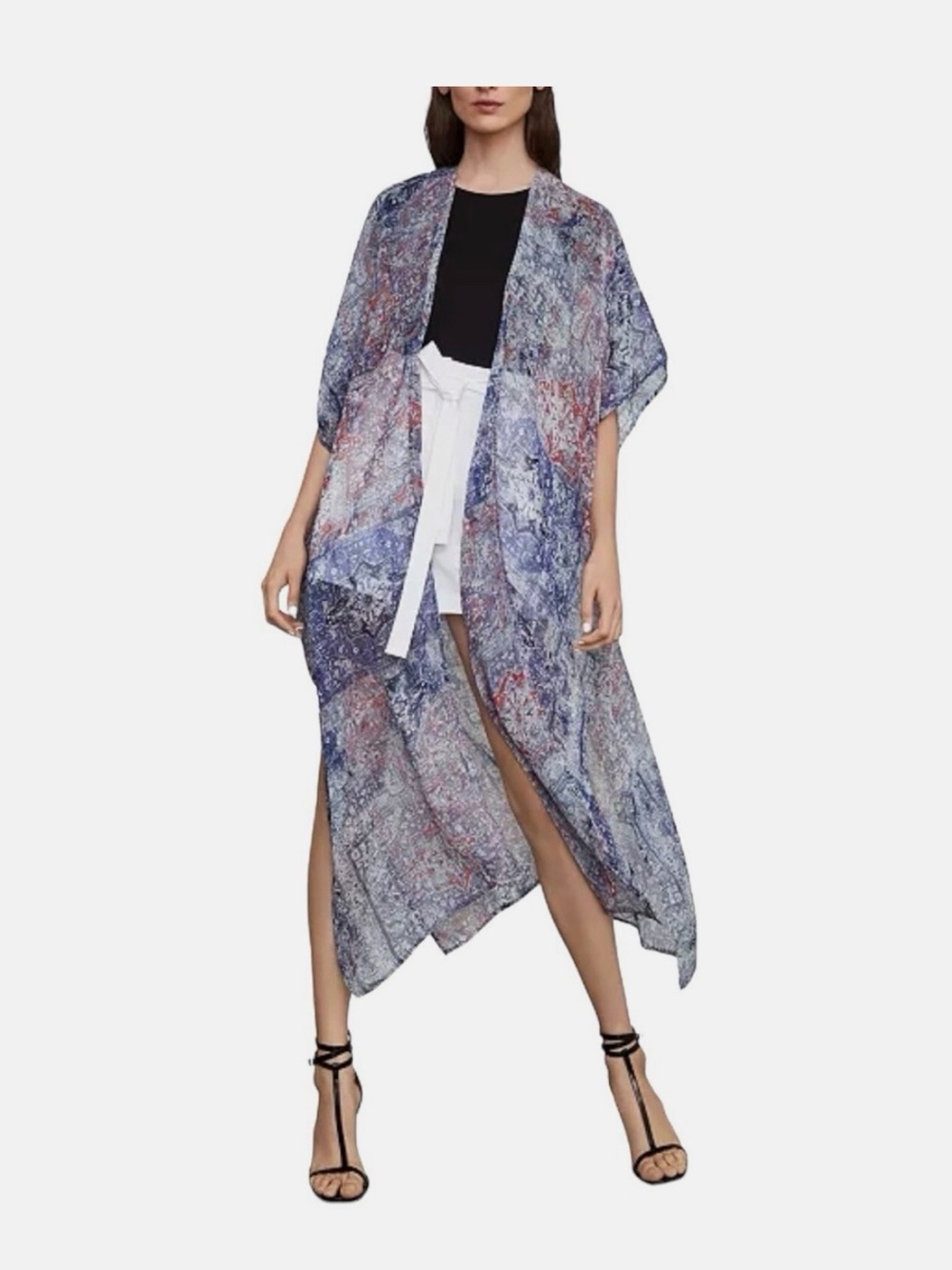 BCBGMaxAzria Blue & Red Sheer Printed Swim Coverup Kimono